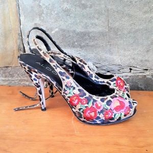 Aldo Embroidered Leopard Print Heels Size 6.5